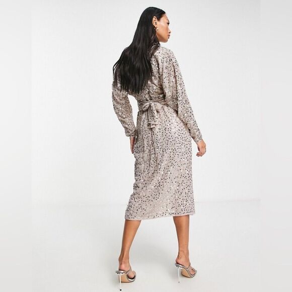 ASOS DESIGN midi dress with batwing sleeve & wrap waist in scatter sequin sz 12 - Picture 7 of 8